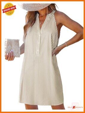 Women's Striped V-Neck Sleeveless Button Up Mini Casual Coverup Dress